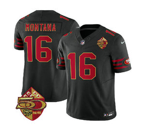 Men's San Francisco 49ers #16 Joe Montana Black 2023 FUSE 50th Patch Vapor Limited Stitched Jersey