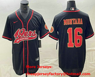 Men's San Francisco 49ers #16 Joe Montana Black Red With Patch Cool Base Stitched Baseball Jersey