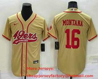 Men's San Francisco 49ers #16 Joe Montana Gold Stitched Cool Base Nike Baseball Jersey