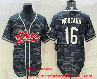Men's San Francisco 49ers #16 Joe Montana Grey Camo With Patch Cool Base Stitched Baseball Jersey