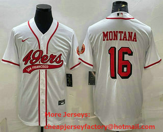 Men's San Francisco 49ers #16 Joe Montana New White With Patch Cool Base Stitched Baseball Jersey