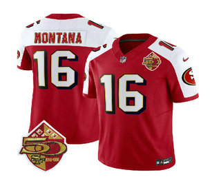 Men's San Francisco 49ers #16 Joe Montana Red White 2023 FUSE 50th Patch Throwback Stitched Jersey