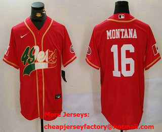 Men's San Francisco 49ers #16 Joe Montana Red With Patch Cool Base Stitched Baseball Jersey