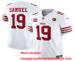 Men's San Francisco 49ers #19 Deebo Samuel White C And John Madden Patch 2023 FUSE Vapor Limited Stitched Jersey