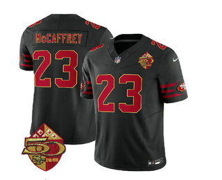 Men's San Francisco 49ers #23 Christian McCaffrey Black 2023 FUSE 50th Patch Throwback Stitched Jersey