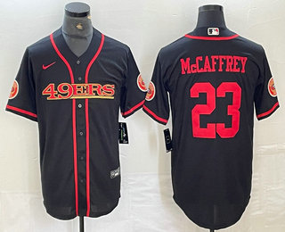 Men's San Francisco 49ers #23 Christian McCaffrey Black Red Cool Base Stitched 2023 Baseball Jersey 11