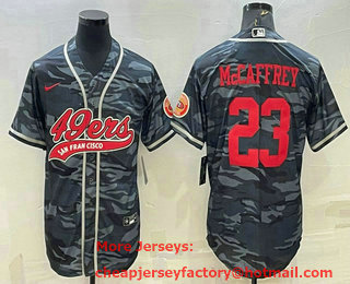 Men's San Francisco 49ers #23 Christian McCaffrey Grey Camo With Patch Cool Base Stitched Baseball Jersey