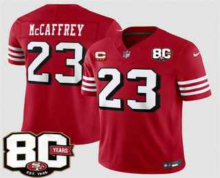 Men's San Francisco 49ers #23 Christian McCaffrey Red 80th C Patch Alternate FUSE Vapor Jersey