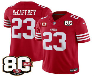 Men's San Francisco 49ers #23 Christian McCaffrey Red 80th C Patch FUSE Vapor Jersey