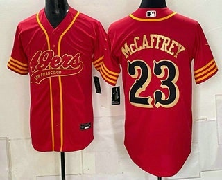 Men's San Francisco 49ers #23 Christian McCaffrey Red Gold Cool Base Stitched Baseball Jersey 01