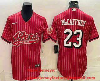 Men's San Francisco 49ers #23 Christian McCaffrey Red Pinstripe Color Rush With Patch Cool Base Stitched Baseball Jersey