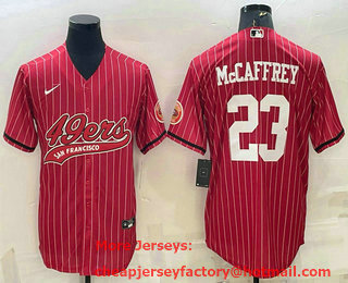 Men's San Francisco 49ers #23 Christian McCaffrey Red Pinstripe With Patch Cool Base Stitched Baseball Jersey
