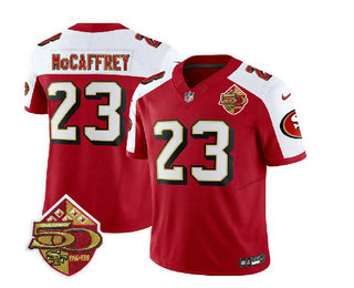Men's San Francisco 49ers #23 Christian McCaffrey Red White 2023 FUSE 50th Patch Throwback Stitched Jersey