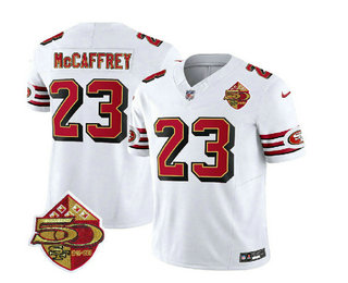 Men's San Francisco 49ers #23 Christian McCaffrey White 2023 FUSE 50th Patch Vapor Limited Stitched Jersey