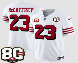 Men's San Francisco 49ers #23 Christian McCaffrey White 80th C Patch Alternate FUSE Vapor Jersey