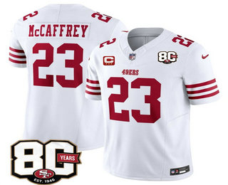 Men's San Francisco 49ers #23 Christian McCaffrey White 80th C Patch FUSE Vapor Jersey