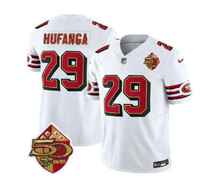 Men's San Francisco 49ers #29 Talanoa Hufanga White 2023 FUSE 50th Patch Throwback Stitched Jersey