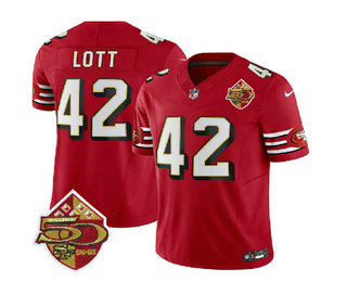 Men's San Francisco 49ers #42 Ronnie Lott Red 2023 FUSE 50th Patch Throwback Stitched Jersey