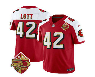 Men's San Francisco 49ers #42 Ronnie Lott Red White 2023 FUSE 50th Patch Throwback Stitched Jersey