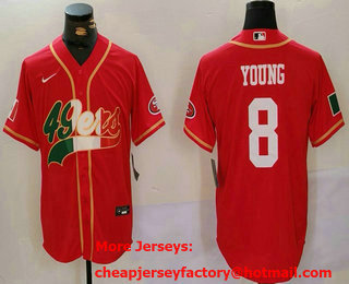 Men's San Francisco 49ers #8 Steve Young Red With Patch Cool Base Stitched Baseball Jersey