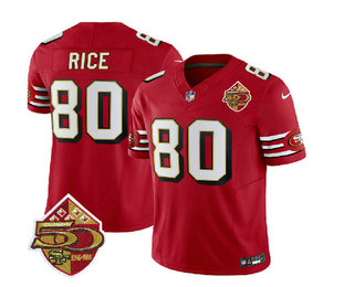 Men's San Francisco 49ers #80 Jerry Rice Red 2023 FUSE 50th Patch Throwback Stitched Jersey