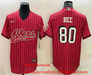 Men's San Francisco 49ers #80 Jerry Rice Red Pinstripe Color Rush With Patch Cool Base Stitched Baseball Jersey