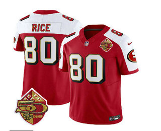 Men's San Francisco 49ers #80 Jerry Rice Red White 2023 FUSE 50th Patch Throwback Stitched Jersey