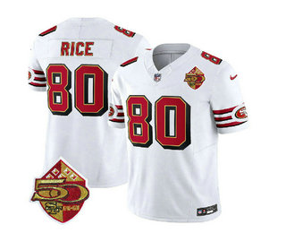 Men's San Francisco 49ers #80 Jerry Rice White 2023 FUSE 50th Patch Throwback Stitched Jersey