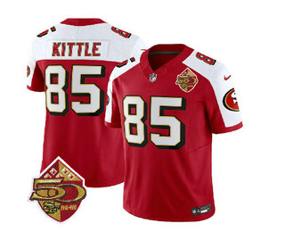 Men's San Francisco 49ers #85 George Kittle Red White 2023 FUSE 50th Patch Throwback Stitched Jersey
