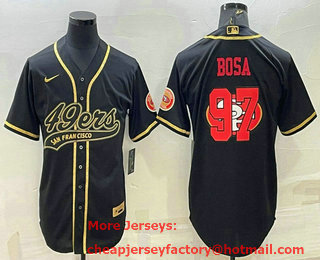 Men's San Francisco 49ers #97 Nick Bosa Black Gold Team Big Logo With Patch Cool Base Stitched Baseball Jersey