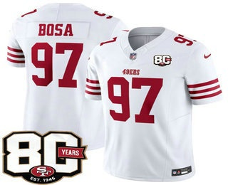 Men's San Francisco 49ers #97 Nick Bosa Limited White 80th Anniversary Patch FUSE Vapor Jersey