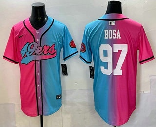 Men's San Francisco 49ers #97 Nick Bosa Pink Blue Limited Stitched Baseball Jersey