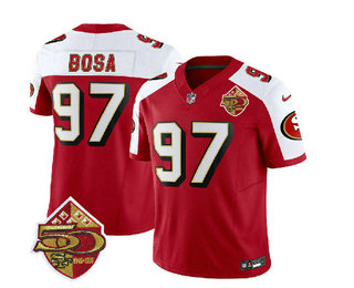 Men's San Francisco 49ers #97 Nick Bosa Red White 2023 FUSE 50th Patch Throwback Stitched Jersey