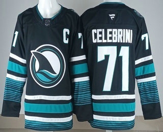 Men's San Jose Sharks #71 Macklin Celebrini Black With C Patch Authentic Jersey