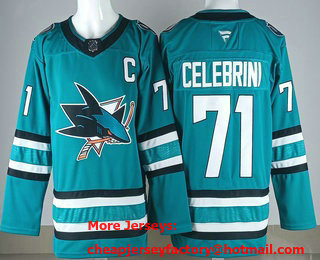Men's San Jose Sharks #71 Macklin Celebrini Teal With C Patch Authentic Jersey