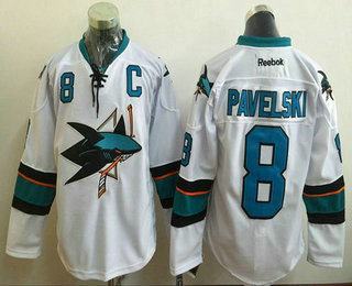 Men's San Jose Sharks #8 Joe Pavelski White Away Hockey C Patch Jersey
