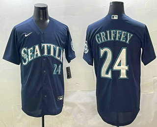 Men's Seattle Mariners #24 Ken Griffey Jr Number Navy Cool Base Stitched Baseball Jersey