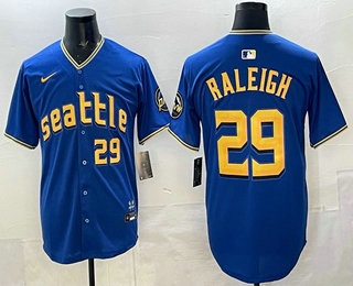Men's Seattle Mariners #29 Cal Raleigh Number Blue 2023 City Connect Cool Base Jersey