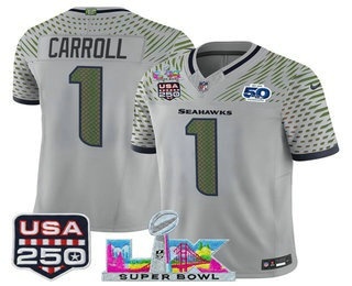 Men's Seattle Seahawks #1 Pete Carroll Gray FUSE Super Bowl LX US 250th 50th Patch Rivalries Vapor Limited Jersey
