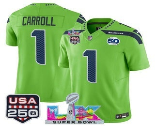 Men's Seattle Seahawks #1 Pete Carroll Green FUSE Super Bowl LX 50th USA 250 Patch Vapor Limited Jersey