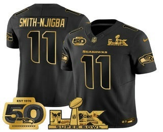 Men's Seattle Seahawks #11 Jaxon Smith-Njigba Black Gold Super Bowl LX 50th Patch FUSE Limited Jersey