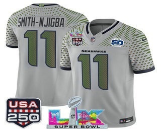 Men's Seattle Seahawks #11 Jaxon Smith-Njigba Gray FUSE Super Bowl LX US 250th 50th Patch Rivalries Vapor Limited Jersey