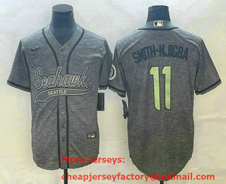 Men's Seattle Seahawks #11 Jaxon Smith Njigba Grey Gridiron With Patch Cool Base Stitched Baseball Jersey