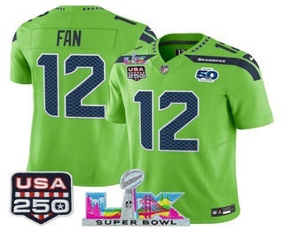 Men's Seattle Seahawks #12 Fan Green FUSE Super Bowl LX 50th USA 250 Patch Vapor Limited Jersey