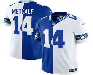 Men's Seattle Seahawks #14 DK Metcalf Royal White Split 2023 FUSE Throwback Vapor Limited Stitched Jersey