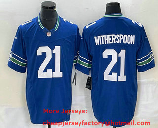 Men's Seattle Seahawks #21 Devon Witherspoon Blue 2023 FUSE Vapor Limited Throwback Stitched Jersey