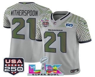 Men's Seattle Seahawks #21 Devon Witherspoon Gray FUSE Super Bowl LX US 250th 50th Patch Rivalries Vapor Limited Jersey