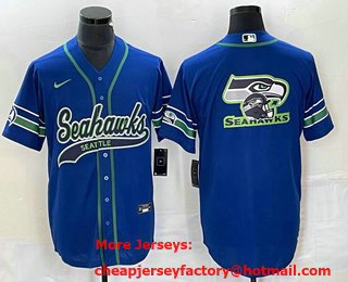 Men's Seattle Seahawks Big Logo Blue With Patch Cool Base Stitched Baseball Jersey