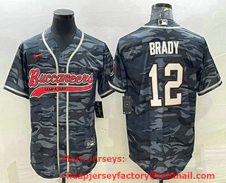 Men's Tampa Bay Buccaneers #12 Tom Brady Grey Camo With Patch Cool Base Stitched Baseball Jersey