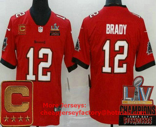 Men's Tampa Bay Buccaneers #12 Tom Brady Limited Red Captain Patch 2021 Super Bowl LV Champions Vapor Untouchable Jersey